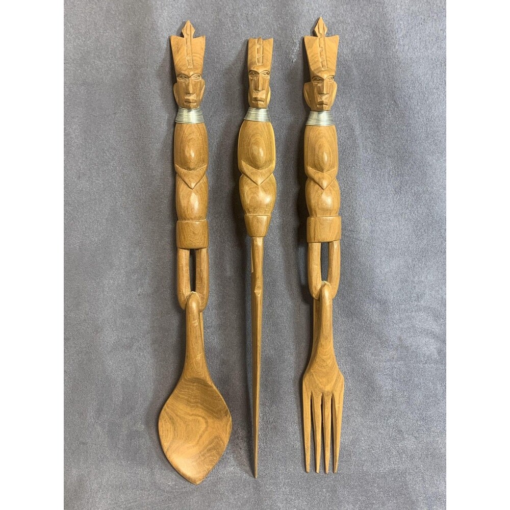 Handmade Brown Wood Carved Serving Set 3 Piece Spoon Fork Knife Ethnic